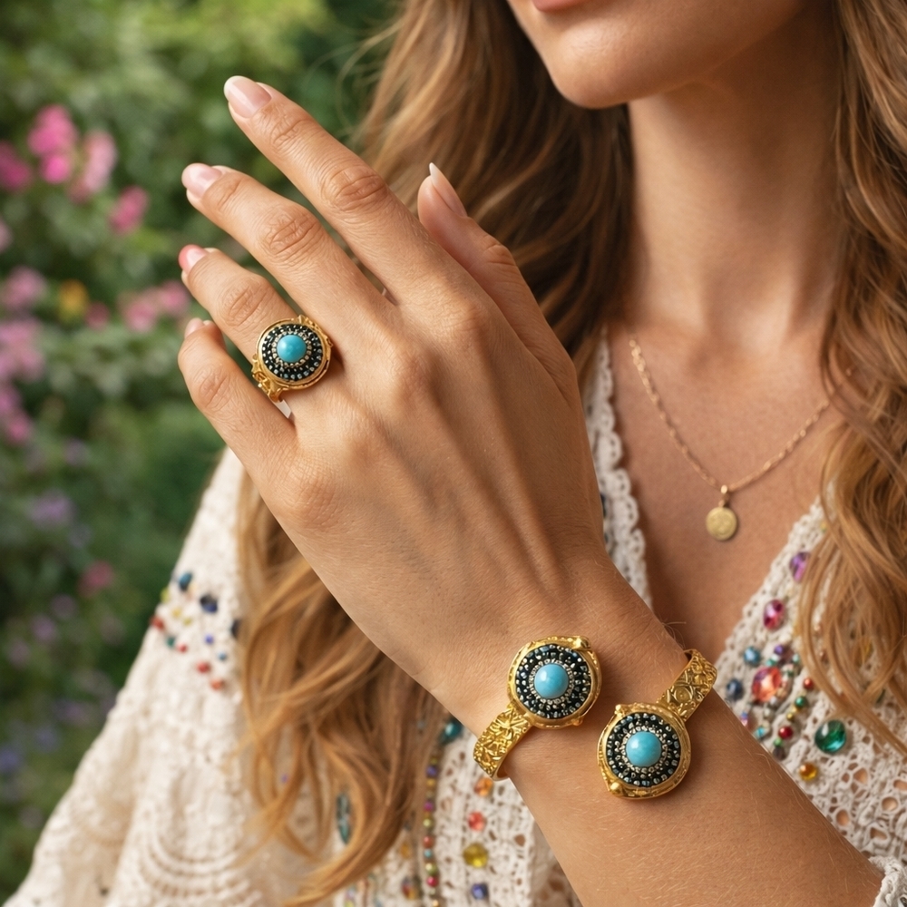 Boho Tribal Handmade Turkish 18K Gold Cuff Ring Set Turquoise Hematite Gems